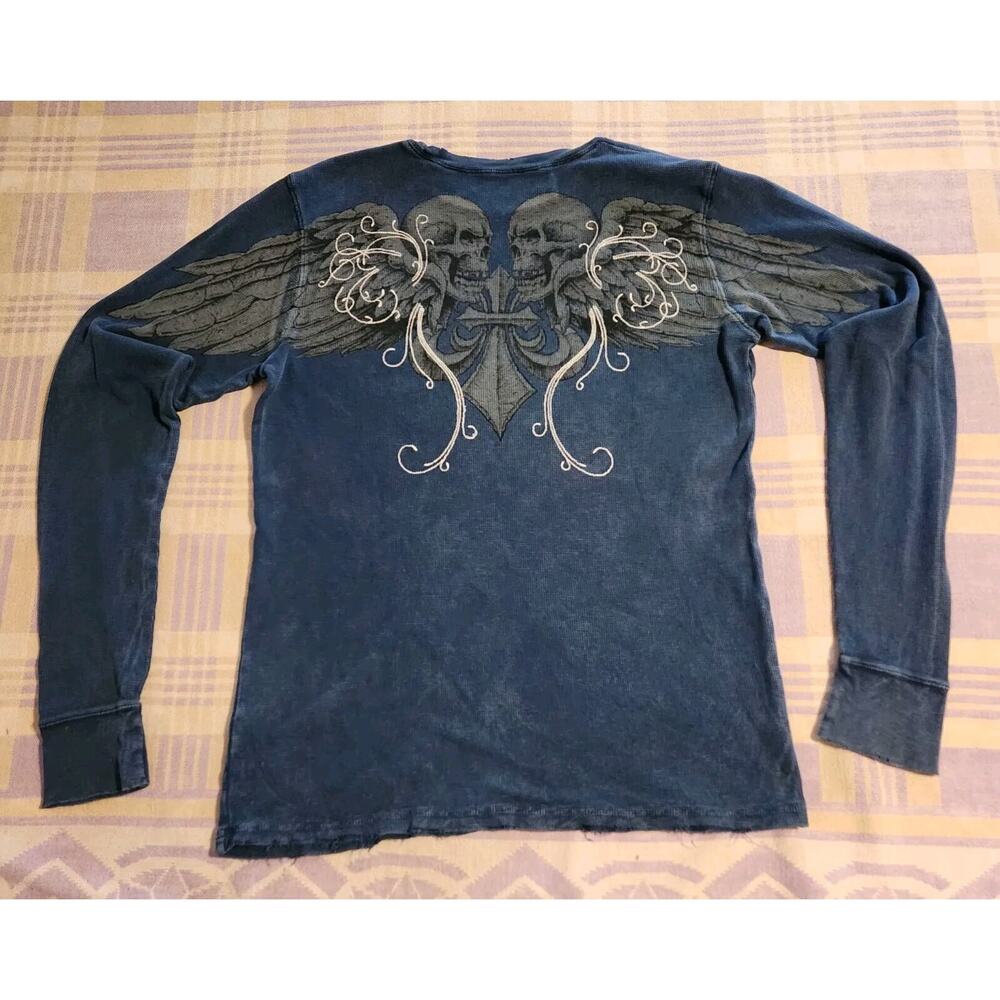 Rare Affliction Mens Thermal Cross Skull Wings Long Sleeve Shirt XL Y2k Usa - Picture 1 of 9